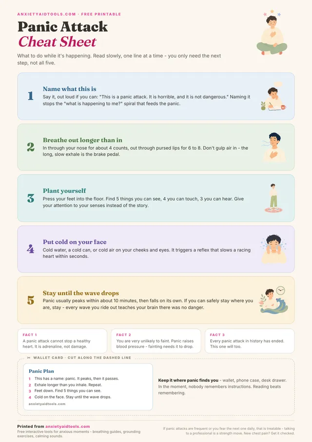 Panic attack cheat sheet with five numbered steps, three calming facts, and a cut-out wallet card