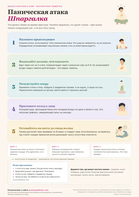 Шпаргалка по панической атаке с 5 пронумерованными шагами, тремя фактами и вырезной карточкой в кошелек