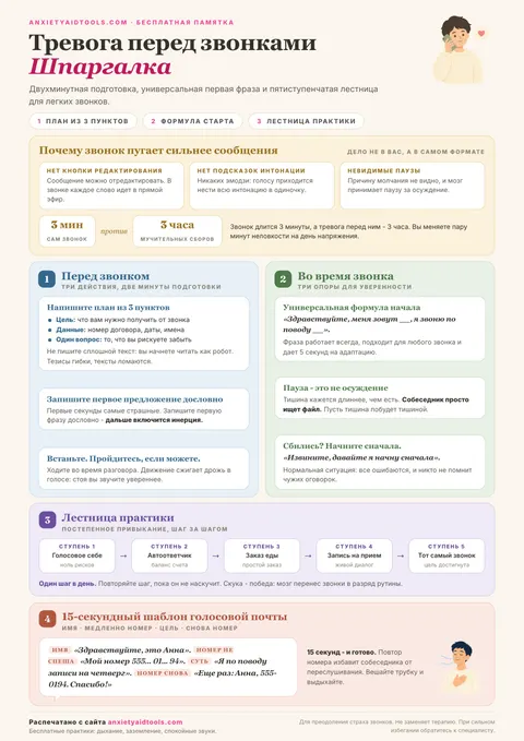 Шпаргалка по тревоге перед телефонными звонками: причины страха, шаги подготовки, фразы для начала разговора, 5 уровней практики и скрипт голосовой почты