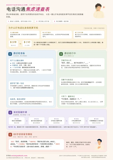 电话焦虑速查表，图解电话恐惧成因、两分钟备忘法、通用开场白、五级脱敏阶梯及留言模板