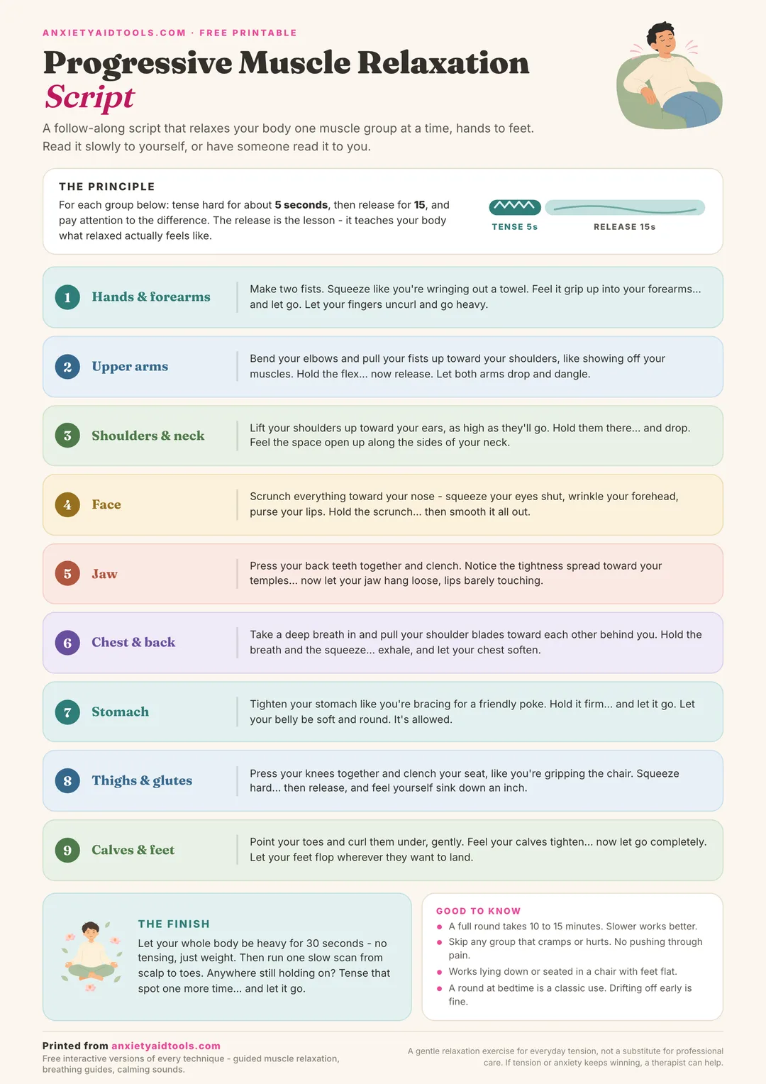 Progressive muscle relaxation script cheat sheet with nine numbered muscle groups from hands to feet and tense-release instructions