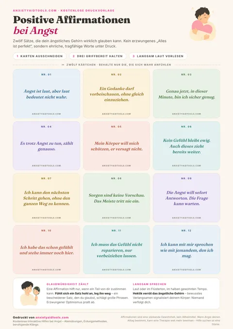 Druckbare Affirmationen bei Angst mit zwölf Kärtchen zum Ausschneiden im Raster, Schneidelinien und Hinweisen zu Glaubwürdigkeit und langsamem Lesen
