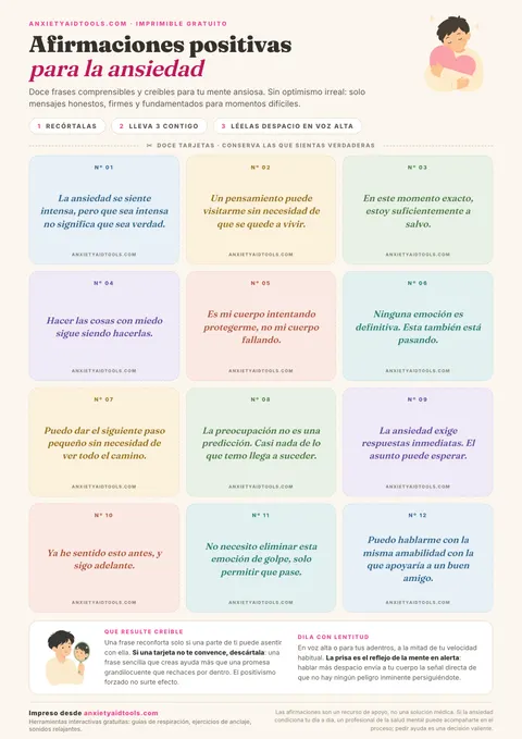 Hoja de afirmaciones positivas para la ansiedad con doce tarjetas recortables en colores suaves, líneas de puntos y consejos sobre credibilidad y lectura pausada.