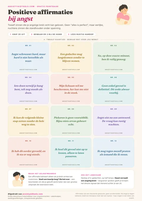 Printbaar blad met positieve affirmaties bij angst met twaalf pastelkleurige knipkaartjes in een raster, elk met een stippellijn en een korte affirmatie