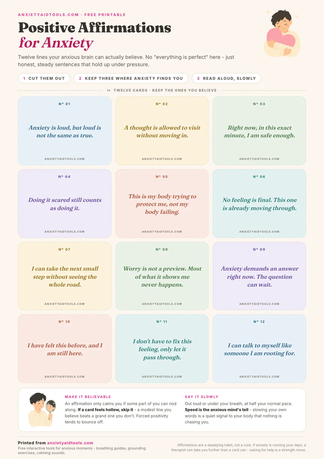 Printable positive affirmations for anxiety sheet with twelve pastel cut-out cards in a grid, each with a dashed cutting line and one short affirmation, plus tips on believability and reading slowly.