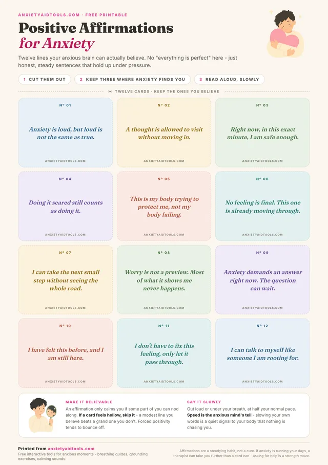Printable positive affirmations for anxiety sheet with twelve pastel cut-out cards in a grid, each with a dashed cutting line and one short affirmation, plus tips on believability and reading slowly.