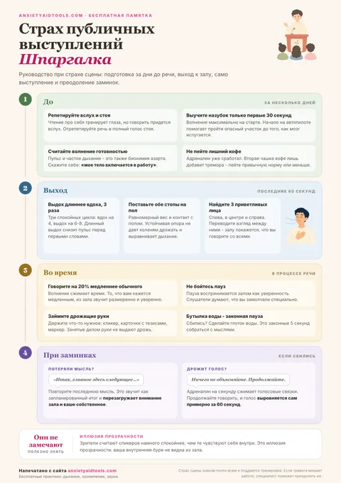 Шпаргалка по страху публичных выступлений с разделами: подготовка, выход, во время речи и приемы восстановления