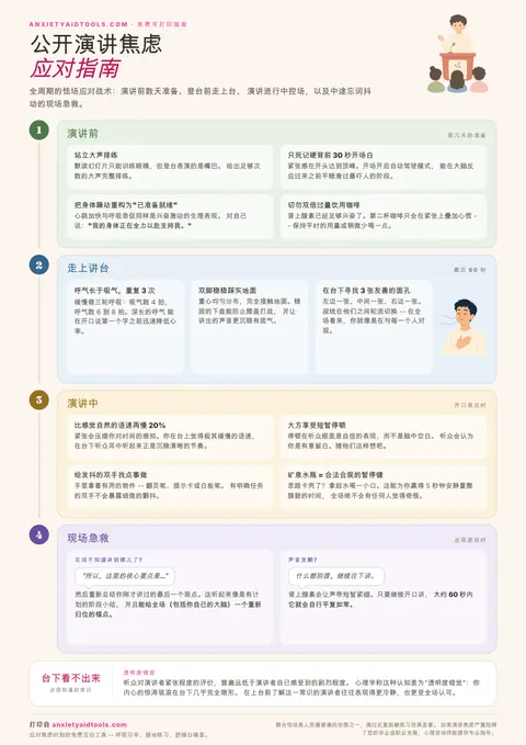 公开演讲焦虑速查表，分为演讲前准备、走上讲台、演讲中控场、现场急救及透明度错觉五大板块