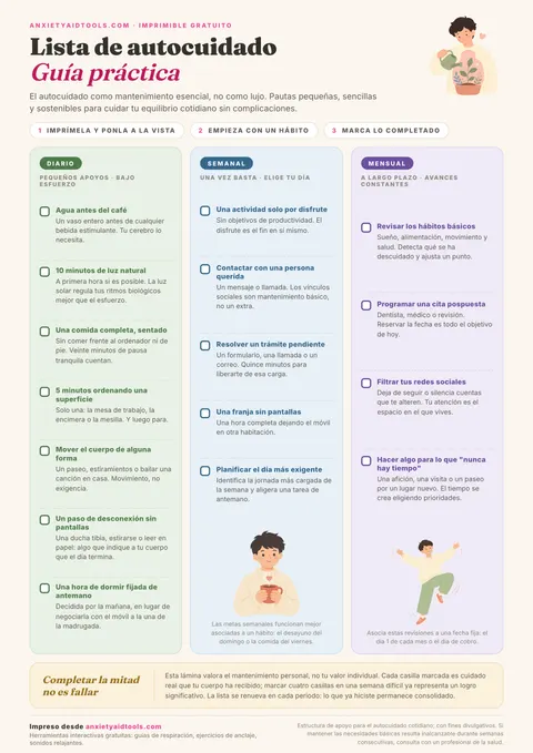 Lista de autocuidado imprimible con tres columnas de casillas: siete anclas diarias como agua antes del café y luz natural, cinco reinicios semanales y cuatro chequeos mensuales.