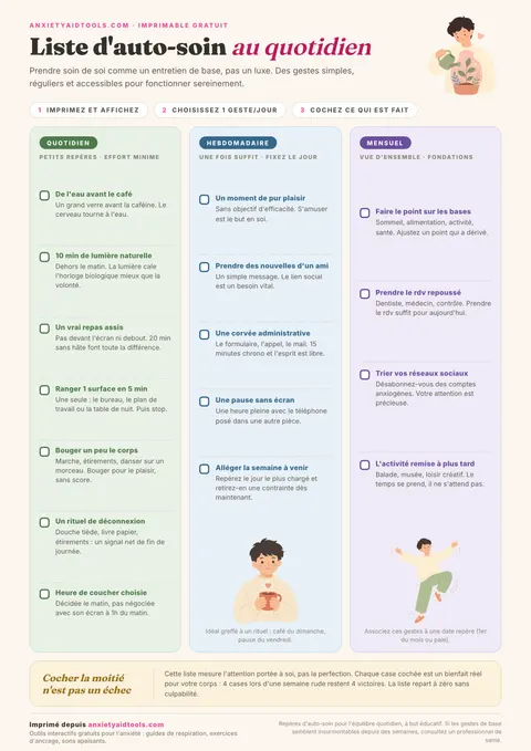 Fiche mémo de liste d'auto-soin avec 4 domaines clés : bien-être physique, équilibre mental, hygiène émotionnelle et liens sociaux