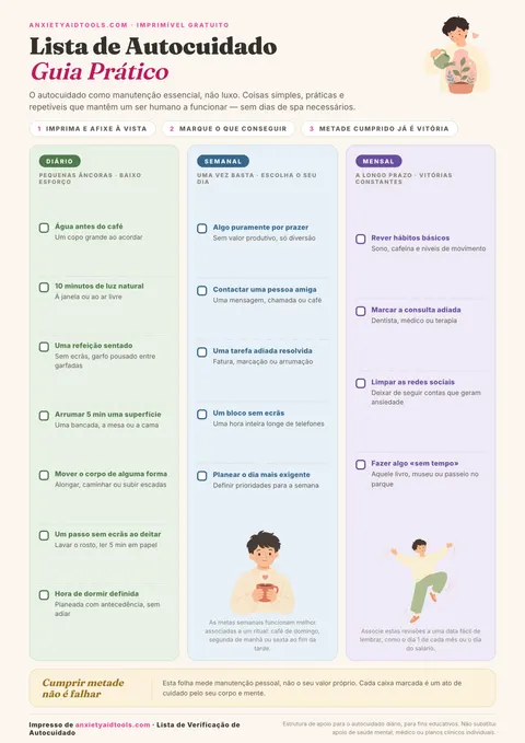 Guia rápido de checklist de autocuidado com quatro quadrantes simples e práticos: Autocuidado Físico, Mental/Emocional, Social e Ambiental com caixas de seleção