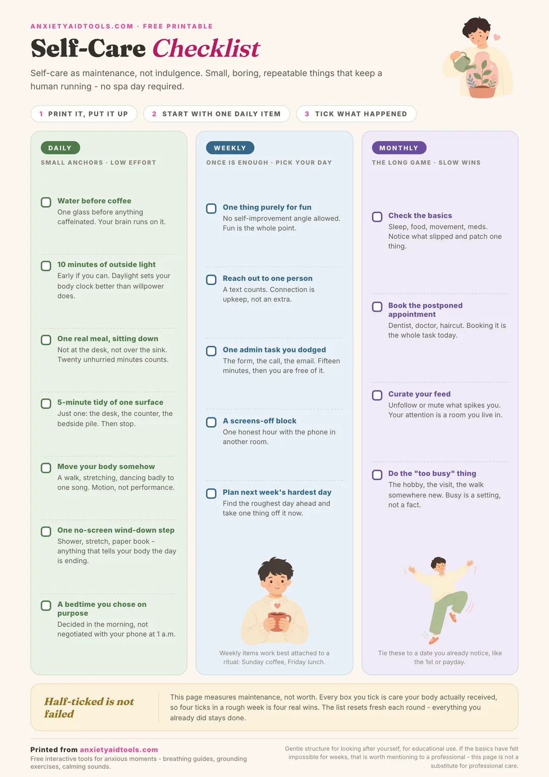 Self-care checklist printable with three columns of tickable items: seven daily anchors like water before coffee and outside light, five weekly resets like reaching out to one person, and four monthly check-ins like booking a postponed appointment.