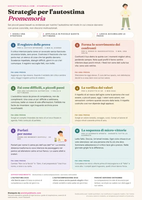 Guida per rafforzare l'autostima con sei schede pastello tra cui registro delle conferme, stop allo scroll dei confronti, fare cose difficili in piccolo, verifica dei valori, parlarsi per nome e accumulare micro-vittorie, più riquadro sull'autocompassione.