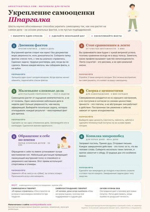 Шпаргалка по укреплению самооценки с шестью карточками практик: дневник фактов, отказ от сравнений, дела со смыслом, сверка ценностей, разговор по имени и копилка побед