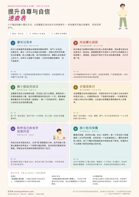 提升自尊与自信速查表，包含事实记录本、终结攀比刷屏、微小挑战完成法、价值观核对、称呼自己名字对话以及微小胜利堆叠等六张卡片，附带自尊与自我关怀对比框