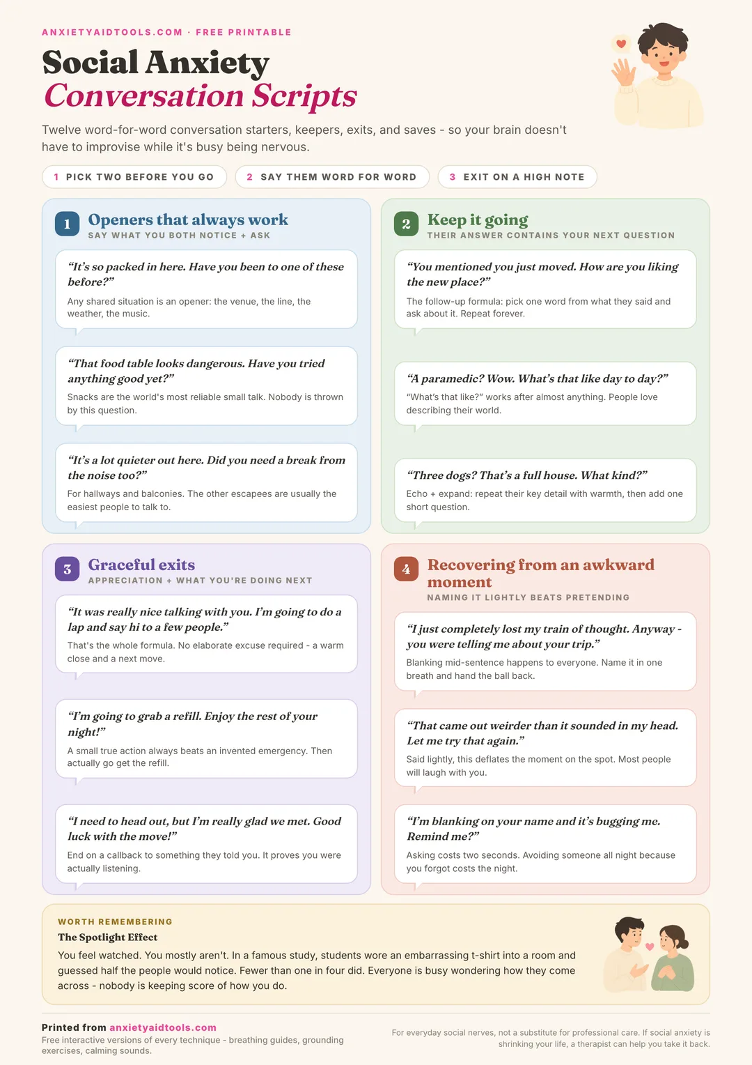 Social anxiety conversation scripts cheat sheet with twelve speech-bubble cards in four pastel groups: openers, follow-up questions, graceful exits, and awkward-moment recoveries, plus a fact box about the spotlight effect