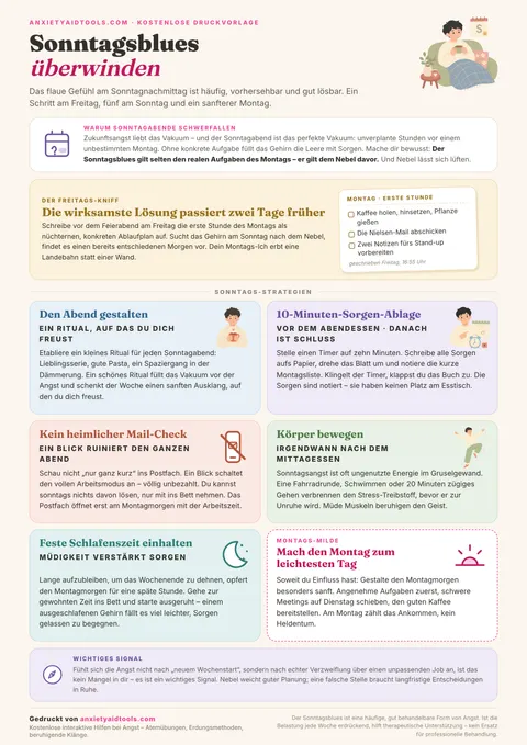 Spickzettel Sonntagsblues überwinden mit Ursachen-Box, Freitags-Trick mit Notizzettel, fünf Sonntags-Gewohnheiten und Planung für einen sanften Montag