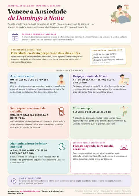 Guia rápido para a ansiedade de domingo com ritual de fechamento na sexta-feira, planejamento de 15 minutos no domingo, atividade âncora agradável à noite e higiene do sono