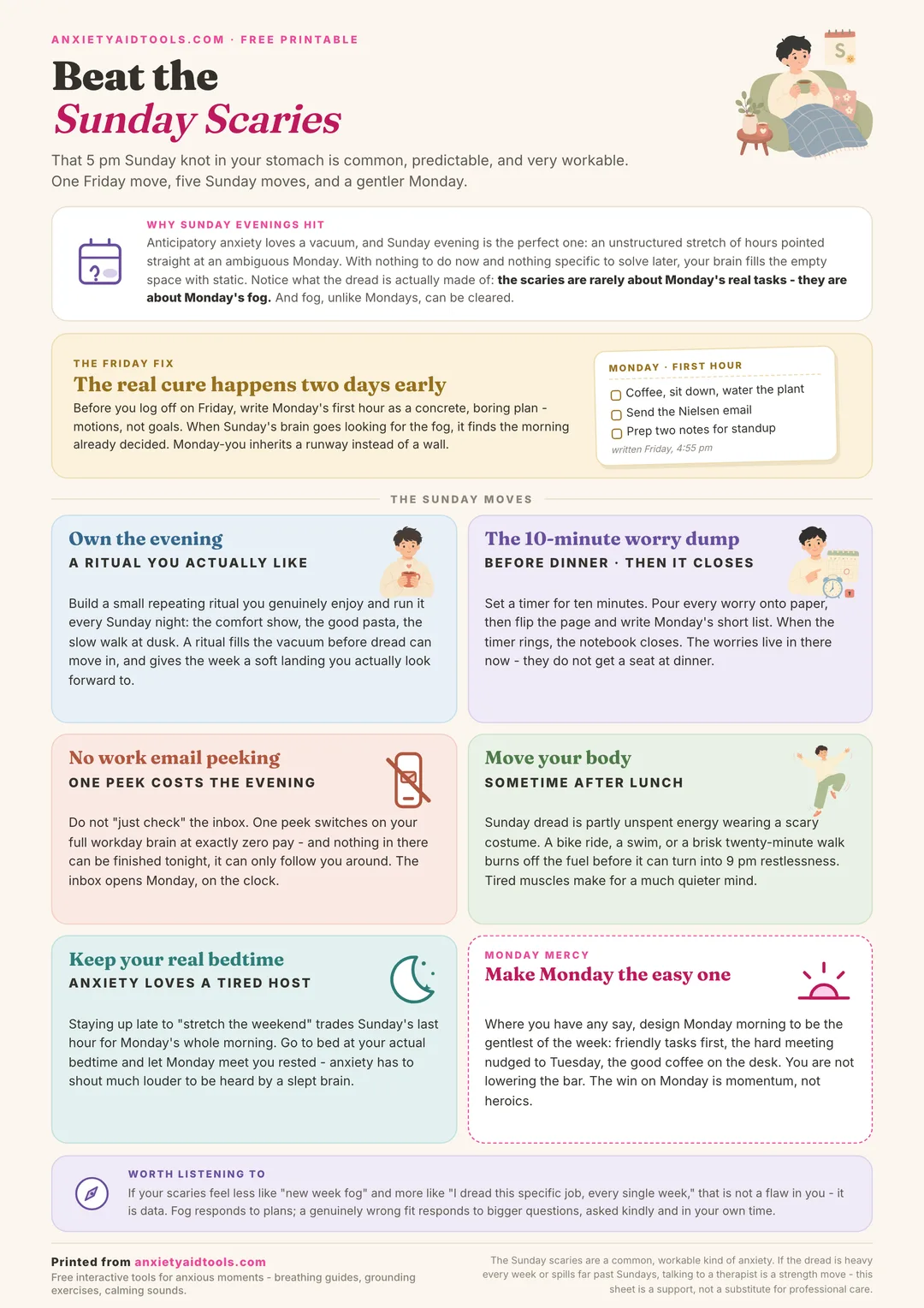 Beat the Sunday Scaries cheat sheet with a fact box on why Sunday evenings hit, a Friday fix band showing a first-hour Monday plan on a sticky note, five pastel Sunday move cards, a Monday mercy card, and a perspective note