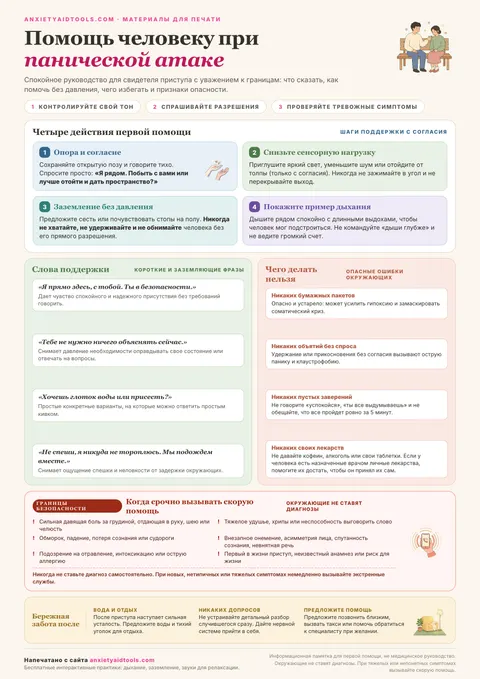 Шпаргалка по поддержке при панической атаке: 4 шага с согласия, фразы помощи, частые ошибки, тревожные симптомы скорой помощи и забота после приступа
