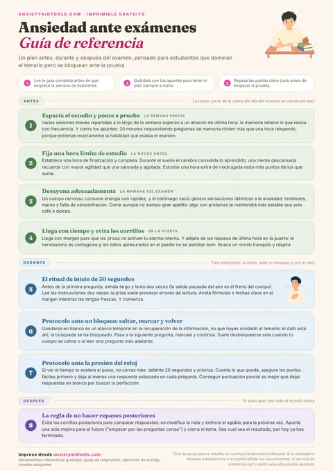Guía para la ansiedad ante los exámenes con cronograma en tres fases: cuatro pasos previos de estudio y descanso, tres protocolos durante el examen para inicio, bloqueo y tiempo, y una pauta posterior.
