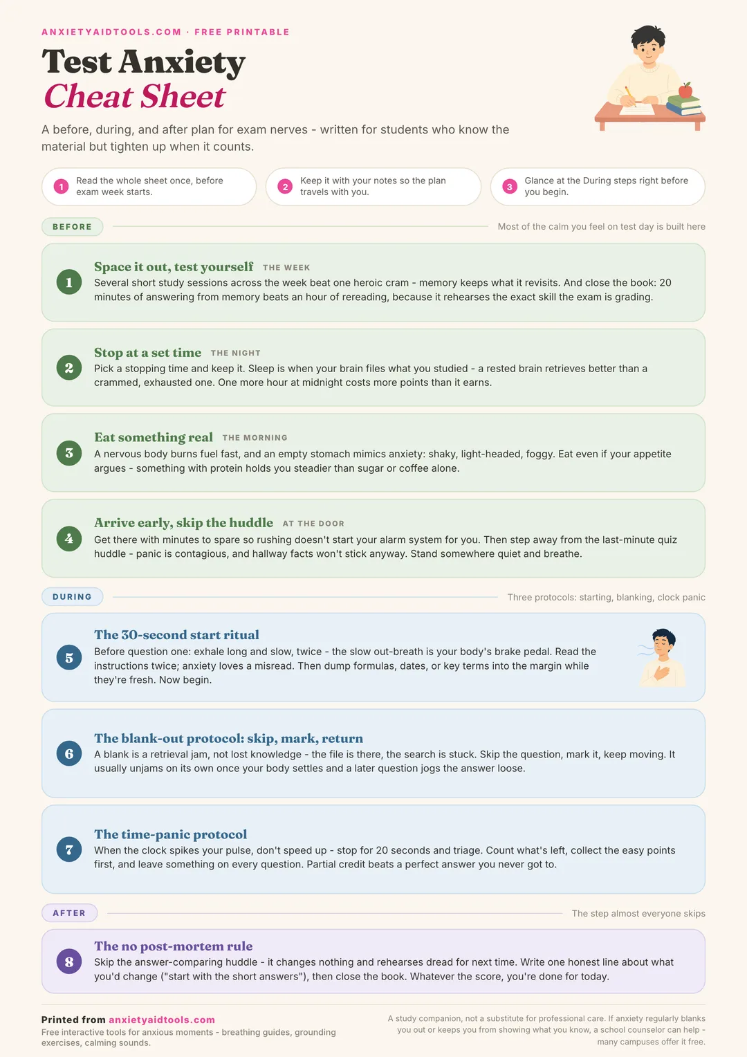 Test anxiety cheat sheet printable showing a three-phase timeline: four Before steps for the study week, night, and morning, three During protocols for starting the test, blanking out, and time panic, and one After rule about skipping the post-mortem.
