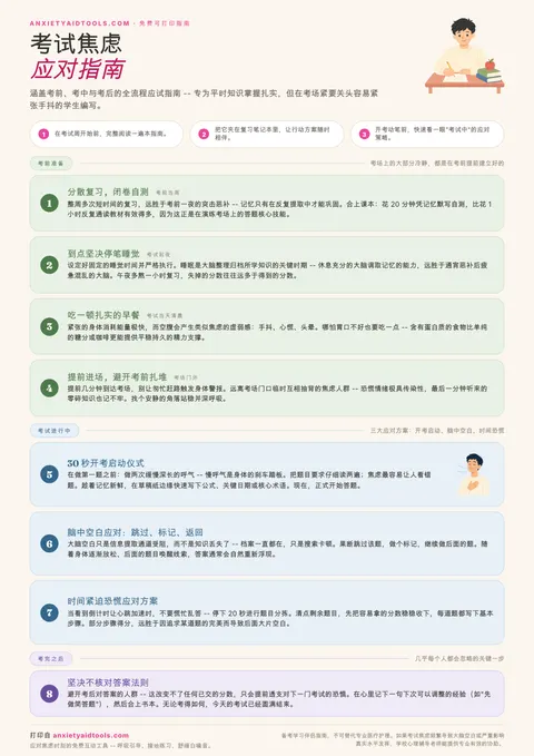 考试焦虑速查表，涵盖分散复习、停止熬夜、考场30秒启动、断片急救、时间恐慌及考后不核对答案法则