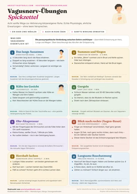 Druckbarer Spickzettel mit acht Vagusnerv-Übungen: Langes Ausatmen, Summen, Kälte im Gesicht, Gurgeln, Ohrmassage, Augen-Reset, Lachen und Bauchatmung
