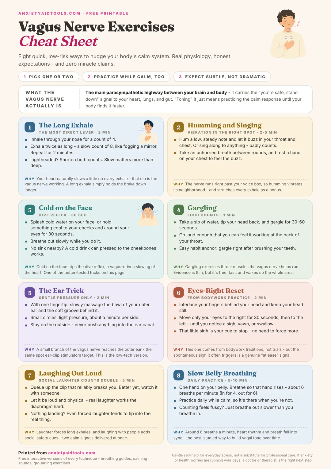 Printable vagus nerve exercises cheat sheet with eight pastel cards: the long exhale, humming and singing, cold on the face, gargling, the ear trick, eyes-right reset, laughing out loud, and slow belly breathing, plus a short strip explaining what the vagus nerve actually is.