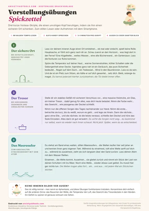 Spickzettel Vorstellungsübungen mit drei Vorlesetexten: Der sichere Ort, Der Sorgen-Tresor und Das Meeresrauschen, plus Hinweisen zu Sprechtempo und Aphantasie