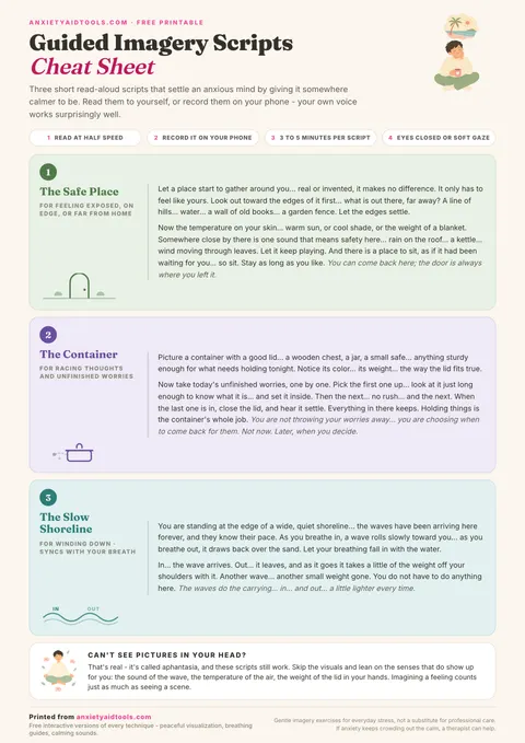Guided imagery scripts cheat sheet with three read-aloud calming scripts: the safe place, the container, and the slow shoreline