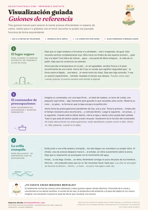 Guía de guiones de visualización con tres ejercicios para leer en voz alta: el lugar seguro, el contenedor y la orilla del mar con pautas de lectura.
