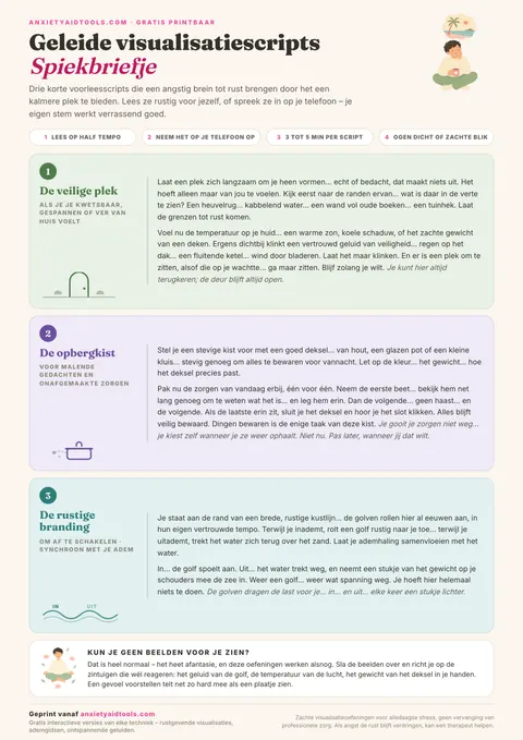 Geleide visualisaties spiekbrief met drie voorleesteksten: de veilige plek, de kluis en het rustige strand, inclusief voorleestips.