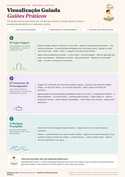 Guia rápido de roteiros de visualização com 5 cenários guiados: O Lugar Seguro da Mente, O Cofre de Preocupações, A Montanha Imutável, O Oceano Acolhedor e A Luz Curativa