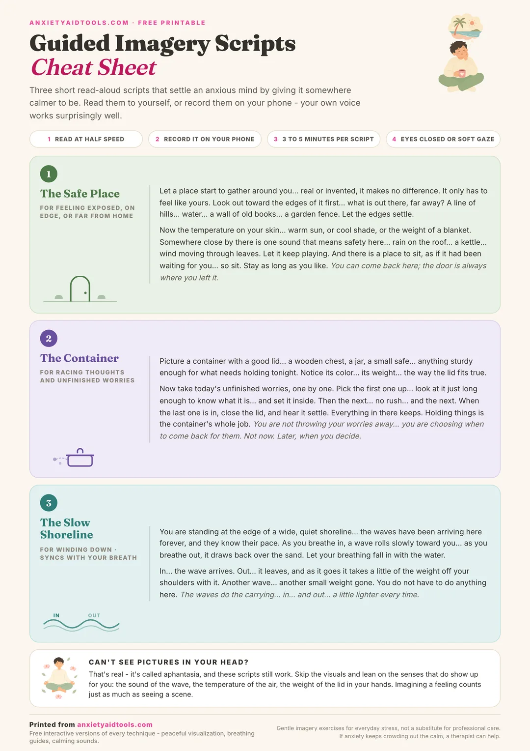 Guided imagery scripts cheat sheet with three read-aloud calming scripts: the safe place, the container, and the slow shoreline