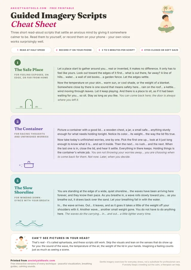 Guided imagery scripts cheat sheet with three read-aloud calming scripts: the safe place, the container, and the slow shoreline