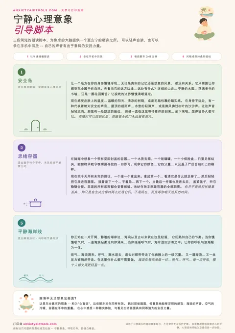 心理意象引导脚本速查表，包含安全岛、思绪容器和平静海岸线三大脚本及心盲症实用贴士