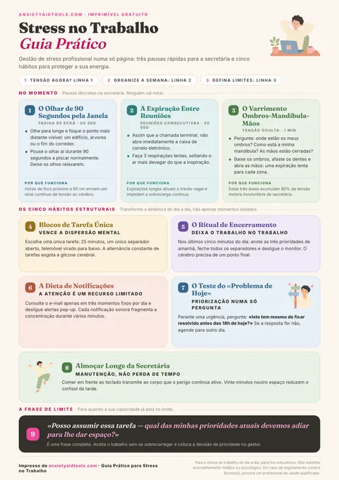 Guia rápido para estresse no trabalho com matriz de priorização expressa, modelo de respostas assertivas para sobrecarga, rituais de descompressão entre reuniões e encerramento consciente do expediente