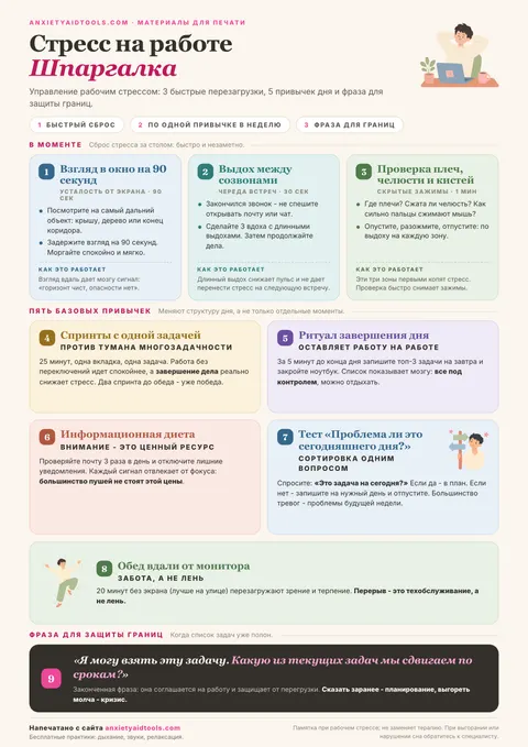 Шпаргалка по рабочему стрессу с 3 экспресс-сбросами (взгляд в окно, выдох, проверка зажимов), пятью структурными привычками и фразой для защиты границ